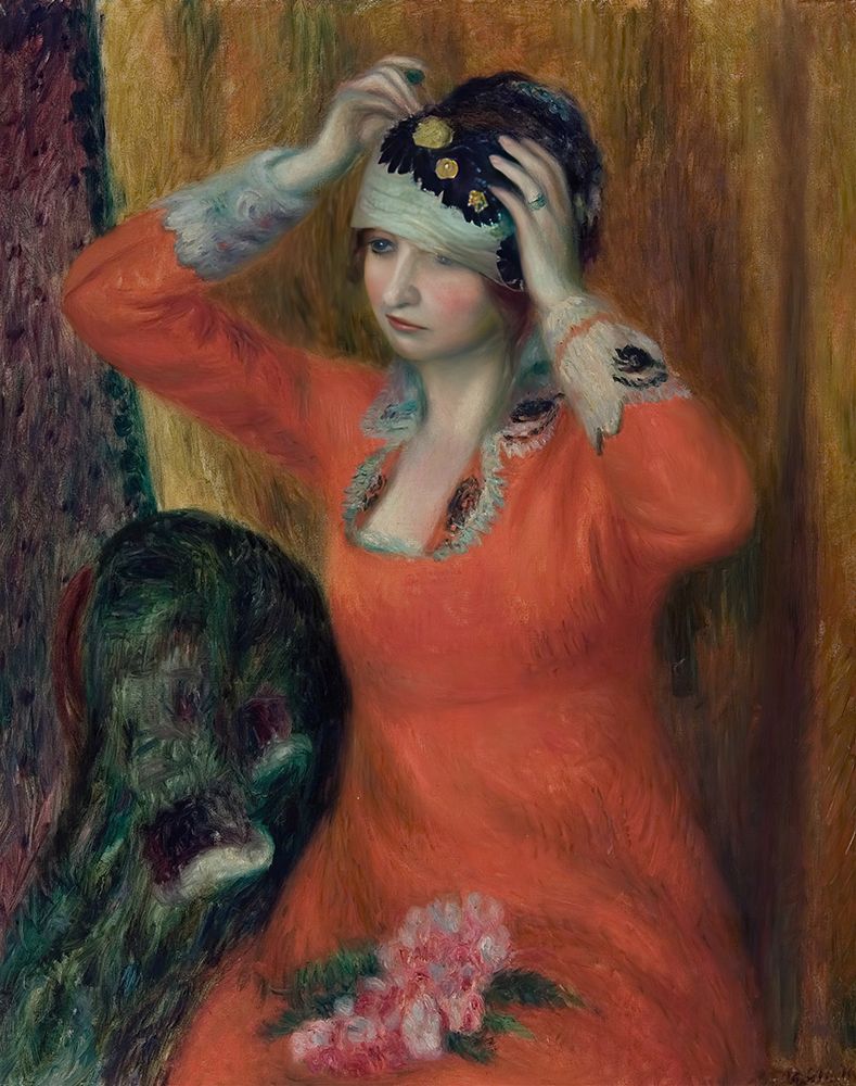 Girl in Red Dress Pinning on Hat ca 1915 art print by William James Glackens for $57.95 CAD