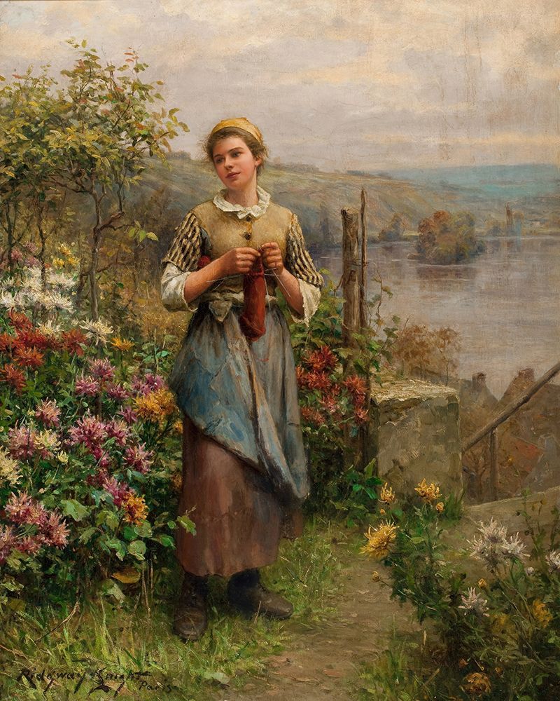 Young Woman Knitting art print by Daniel Ridgway Knight for $57.95 CAD