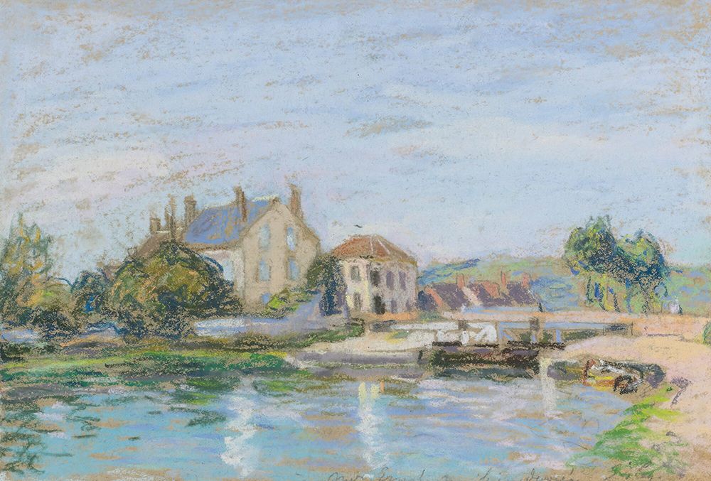 Houses on the edge of the Gazonne lock art print by Alfred Sisley for $57.95 CAD