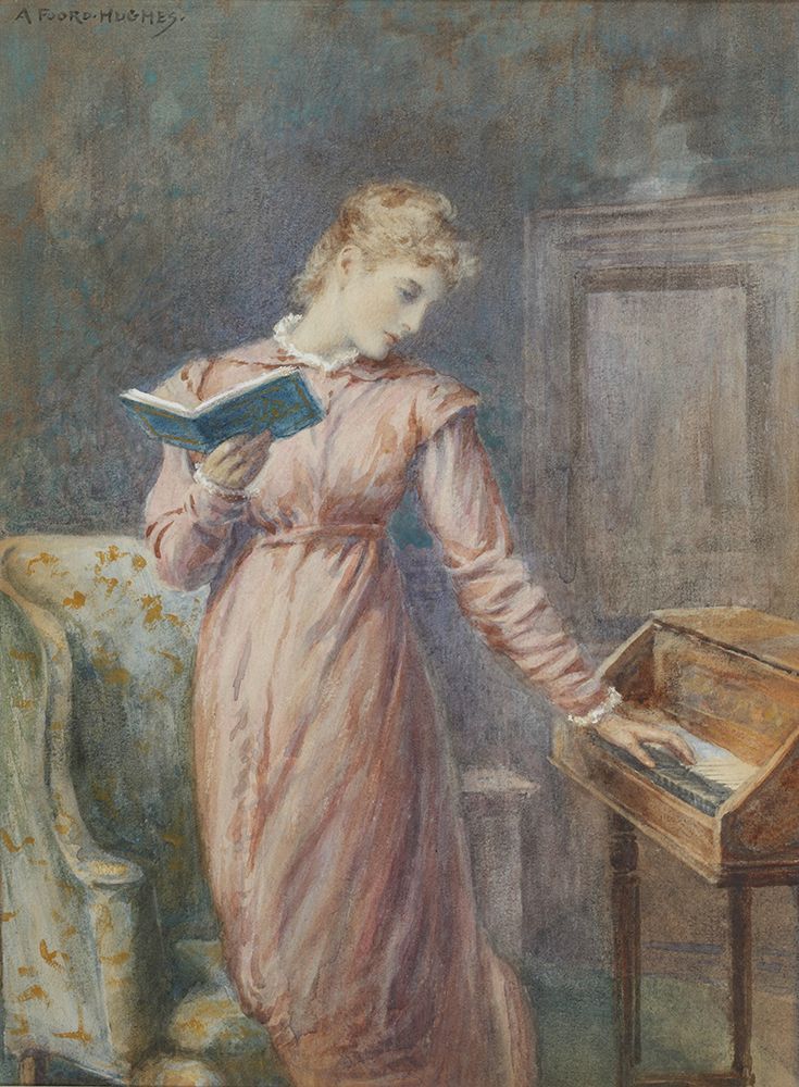 A Lady Reading while Playing the Spinet ca 1914 art print by Arthur Hughes for $57.95 CAD