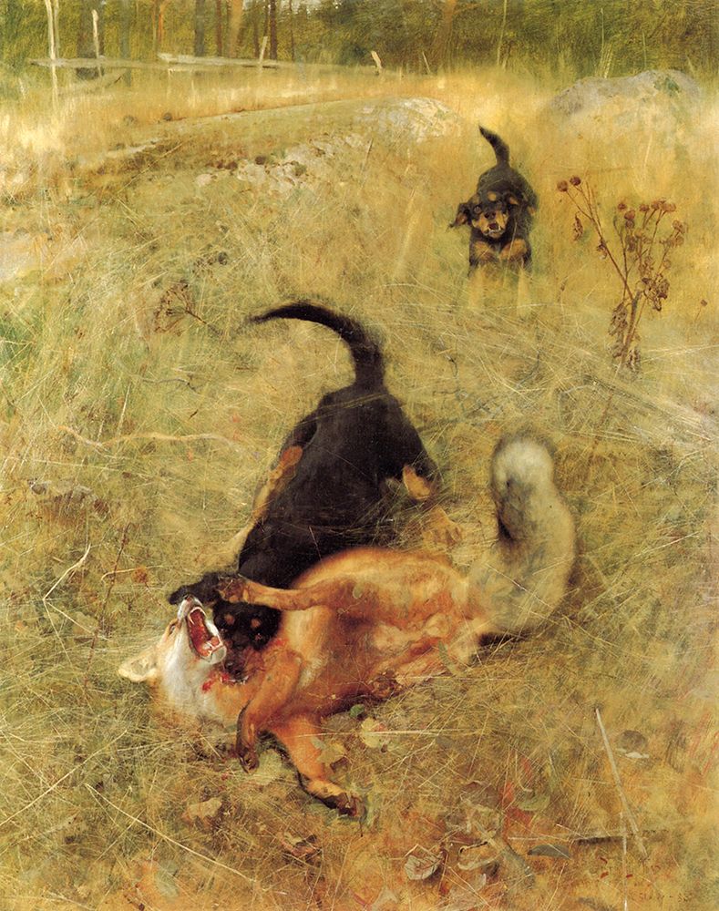 Beagle and Fox 1885 art print by Bruno Liljefors for $57.95 CAD