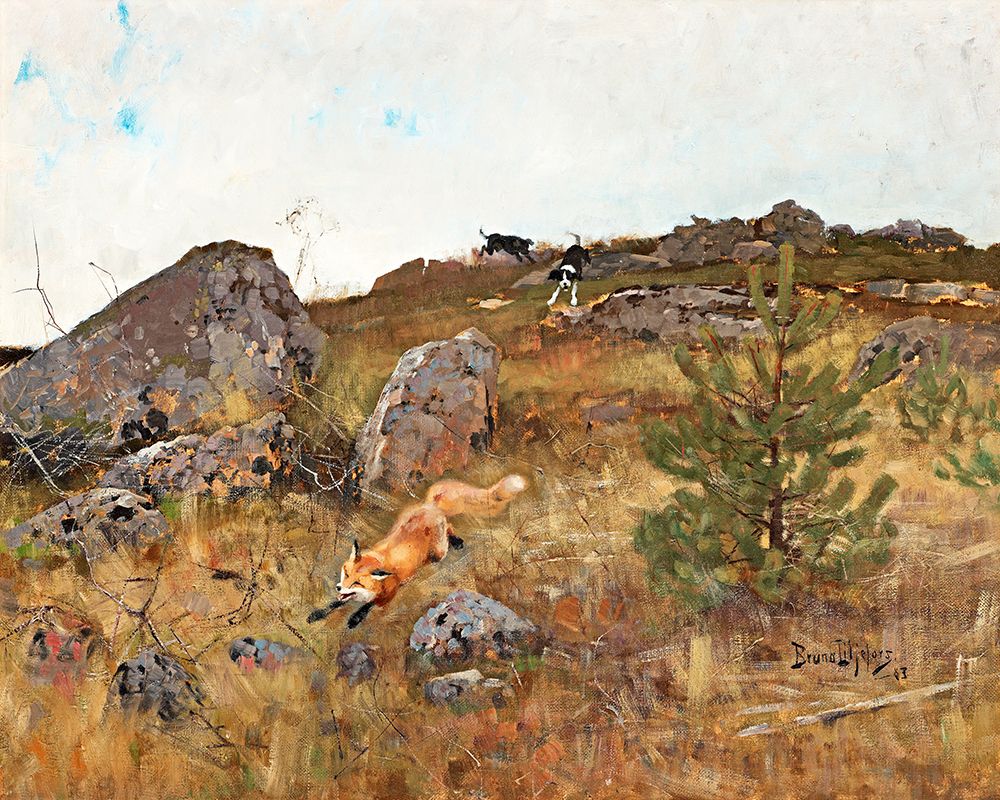 Dogs Hunting a Fox in Hostland 1883 art print by Bruno Liljefors for $57.95 CAD