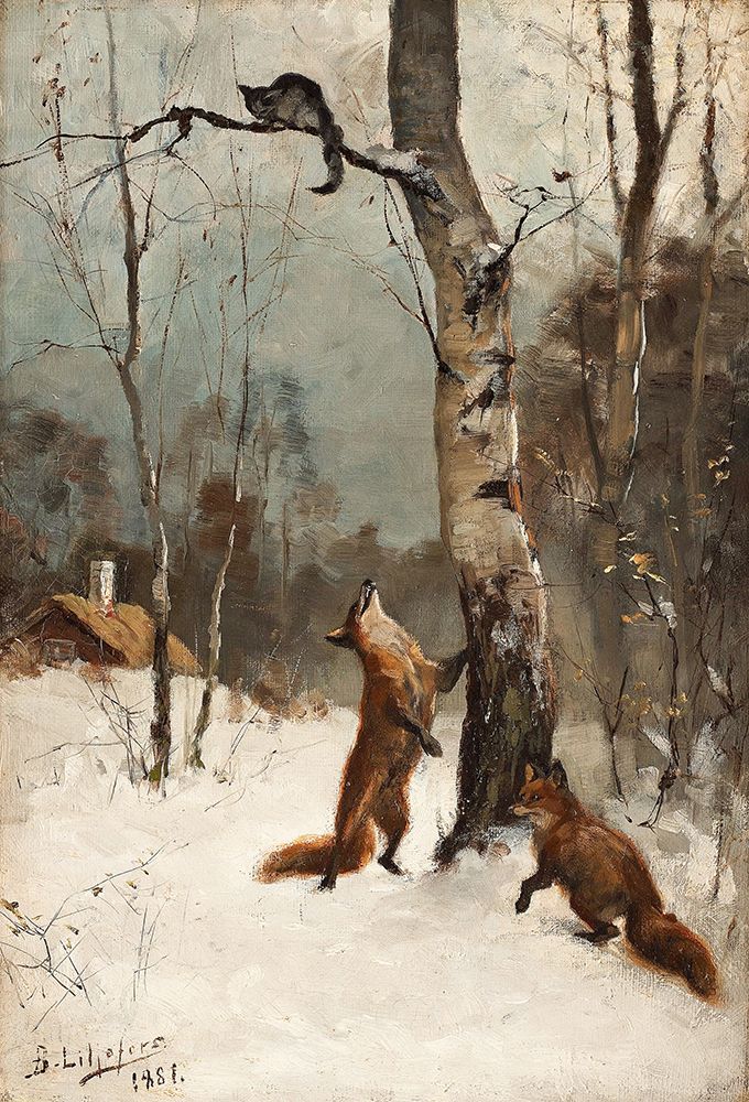 Fox after a Cat in a Winter Landscape 1881 art print by Bruno Liljefors for $57.95 CAD