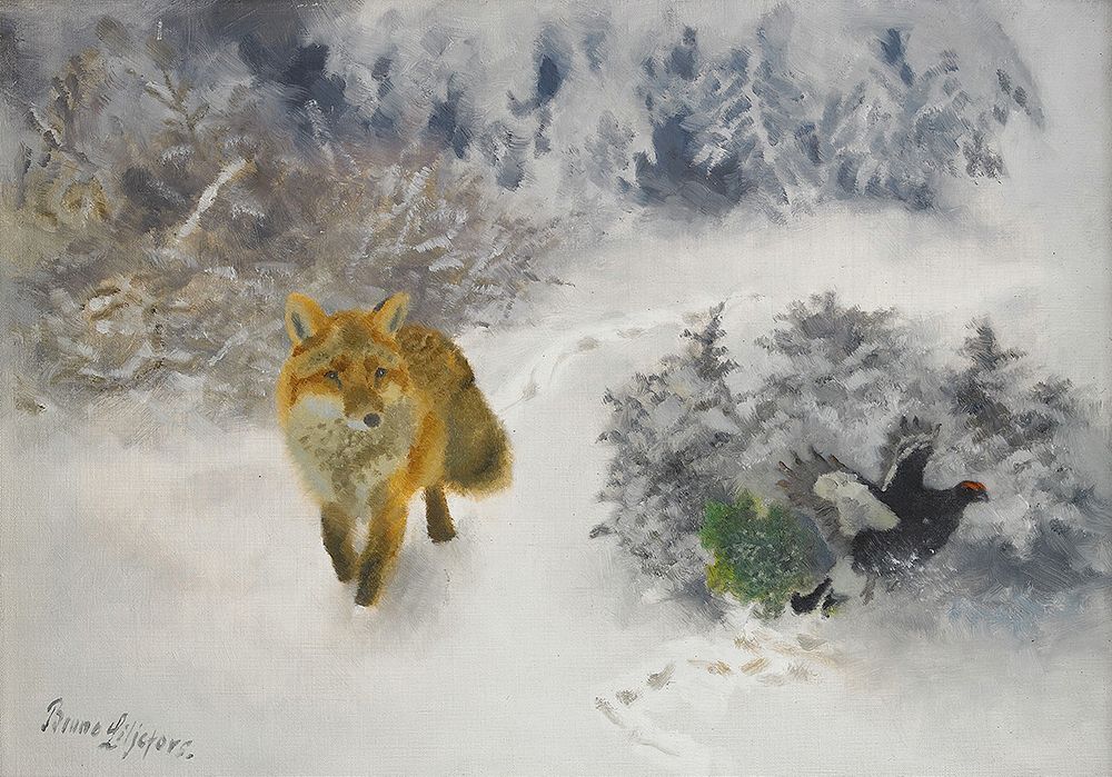 Fox and Black Grouse Cock in Winter Landscape 1939 art print by Bruno Liljefors for $57.95 CAD