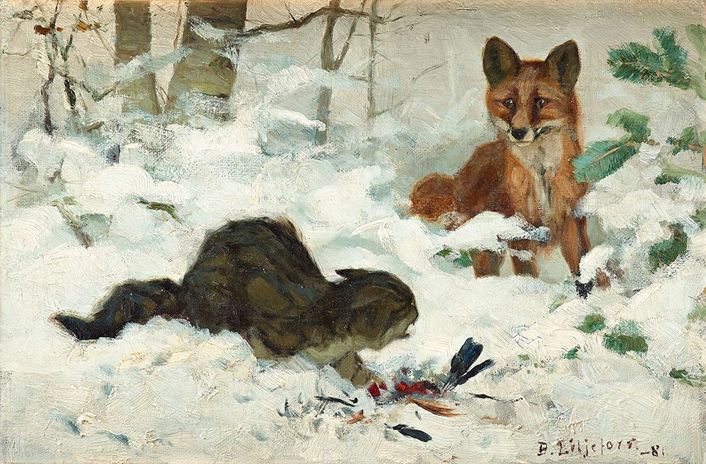 Fox Suprising a Cat 1881 art print by Bruno Liljefors for $57.95 CAD