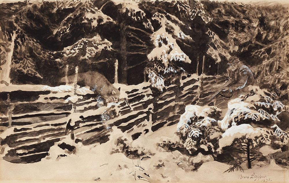 Winter Scene with Hunter and Fox by Fence 1898 art print by Bruno Liljefors for $57.95 CAD