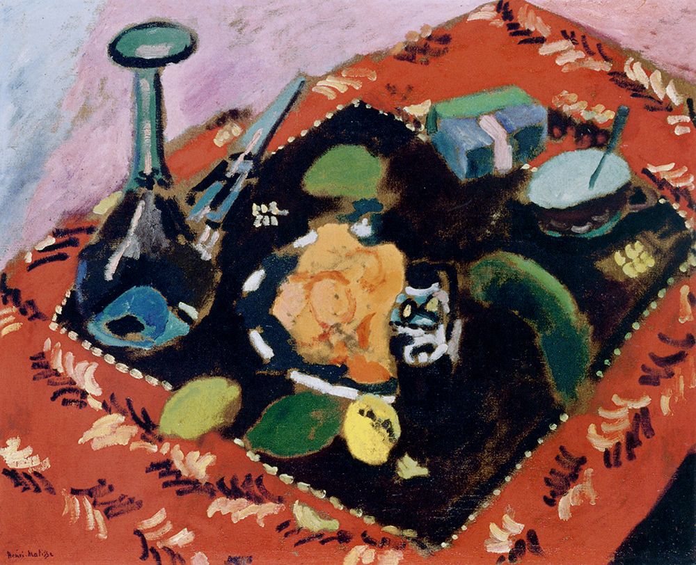 Dishes and Fruit on a Red and Black Rug 1906 art print by Henri Matisse for $57.95 CAD