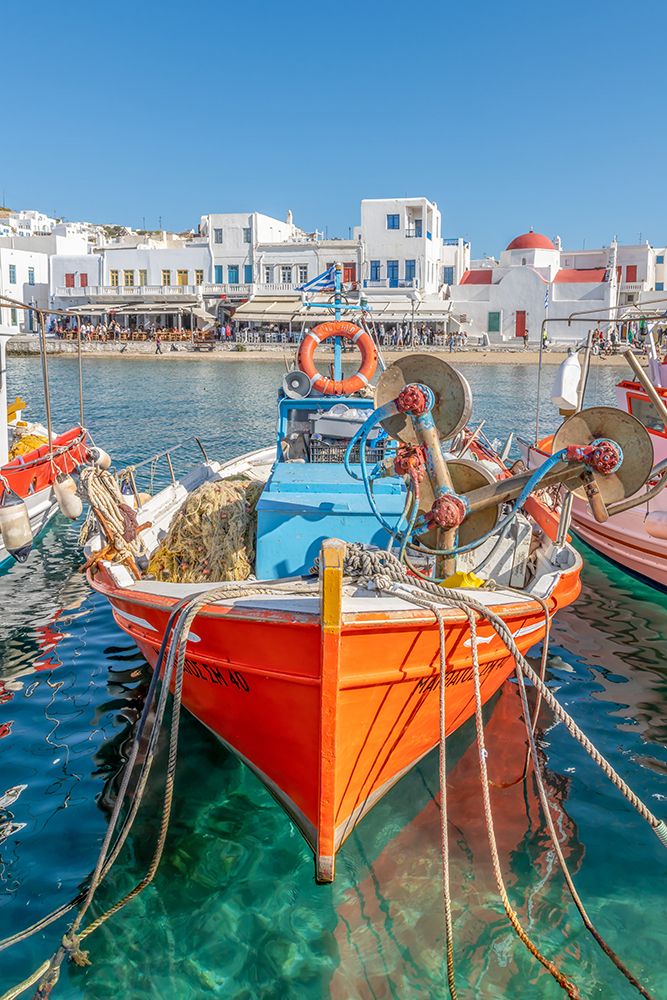 Mykonos Harbor Orange Fishing Boat art print by Richard Silver for $57.95 CAD
