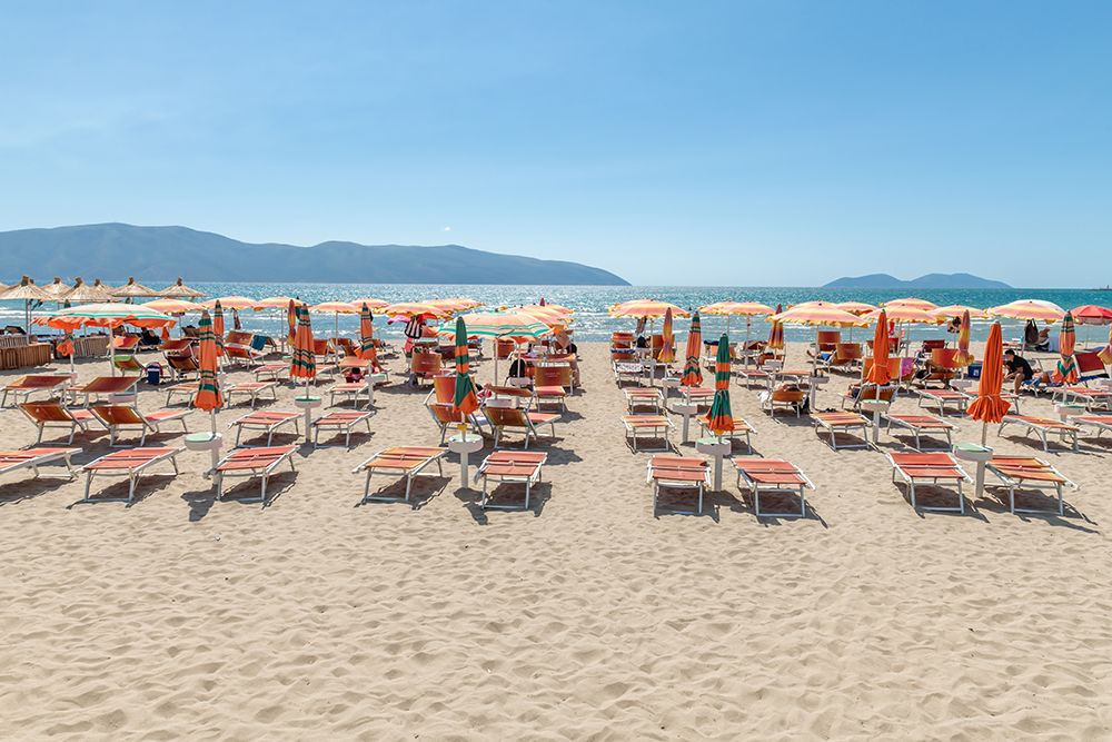 Albanian Beach with Orange Umbrellas art print by Richard Silver for $57.95 CAD