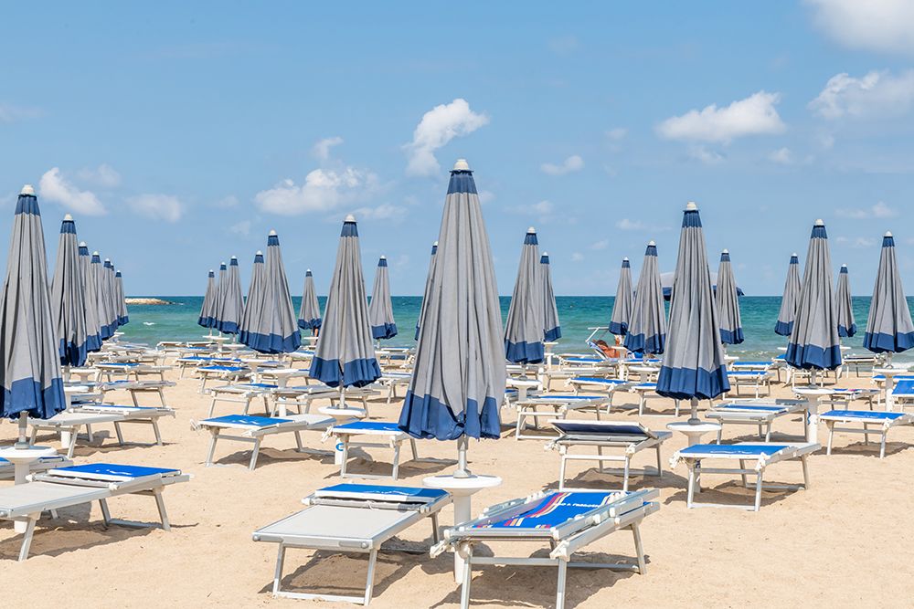Navy Striped Umbrella Rows art print by Richard Silver for $57.95 CAD
