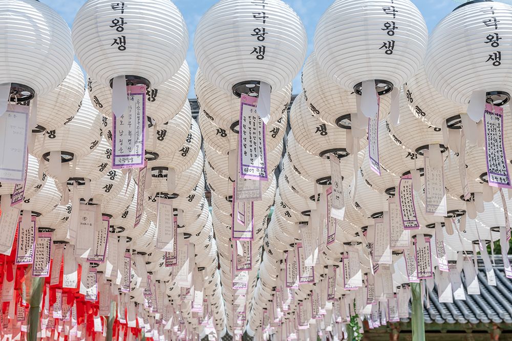 White Paper Lanterns Blue Sky art print by Richard Silver for $57.95 CAD