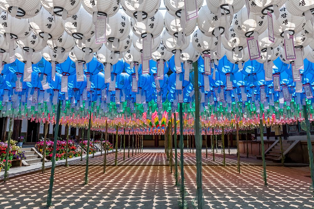 Temple Walkway Silver and Blue Lanterns art print by Richard Silver for $57.95 CAD