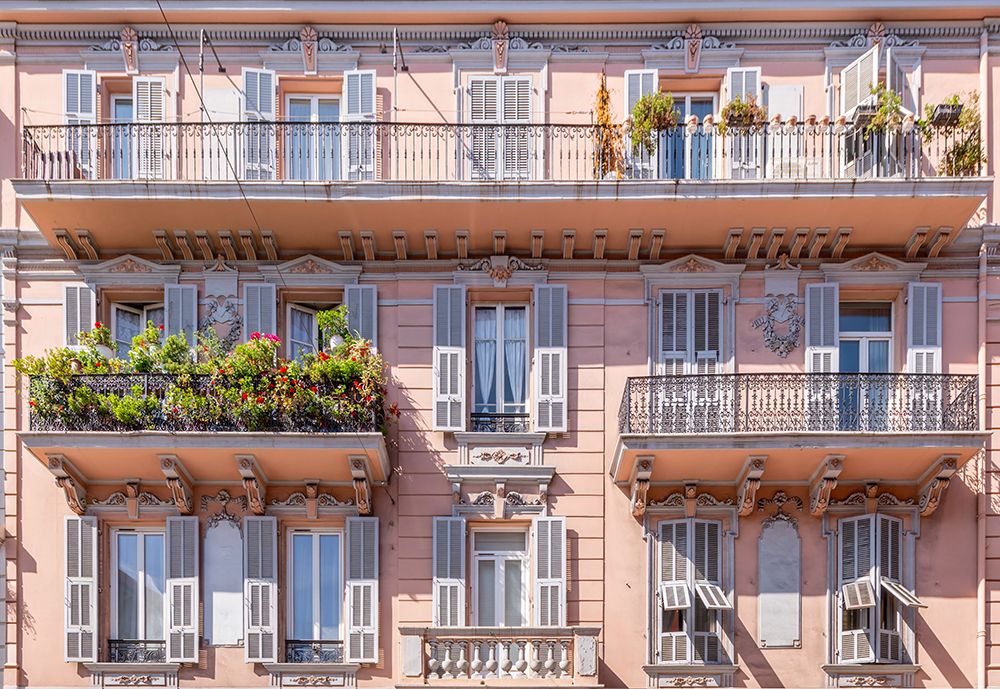 Nice French Riviera Pink Facade Wrought Iron Balconies art print by Richard Silver for $57.95 CAD