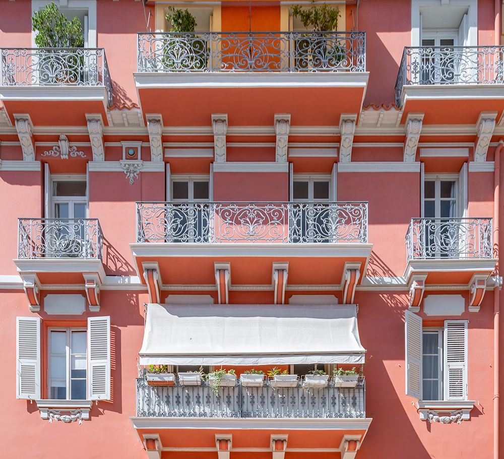 Nice French Riviera Coral Facade Striped Awnings art print by Richard Silver for $57.95 CAD