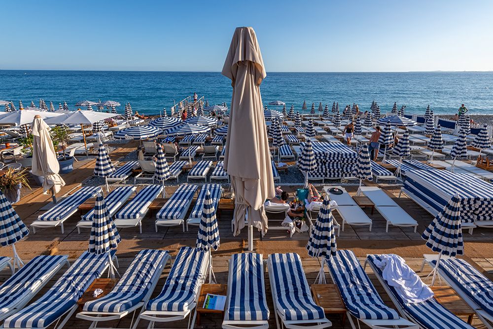Nice French Riviera Beach Chairs Striped art print by Richard Silver for $57.95 CAD