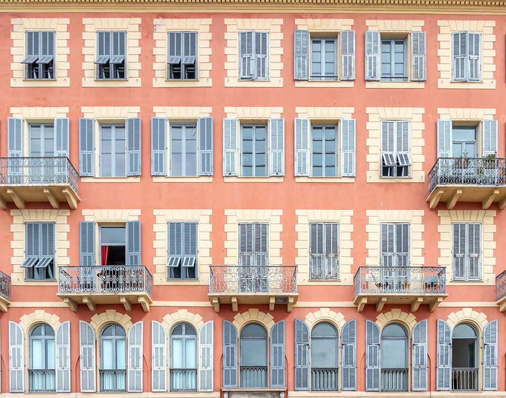Nice French Riviera Salmon Facade Blue Shutters art print by Richard Silver for $57.95 CAD