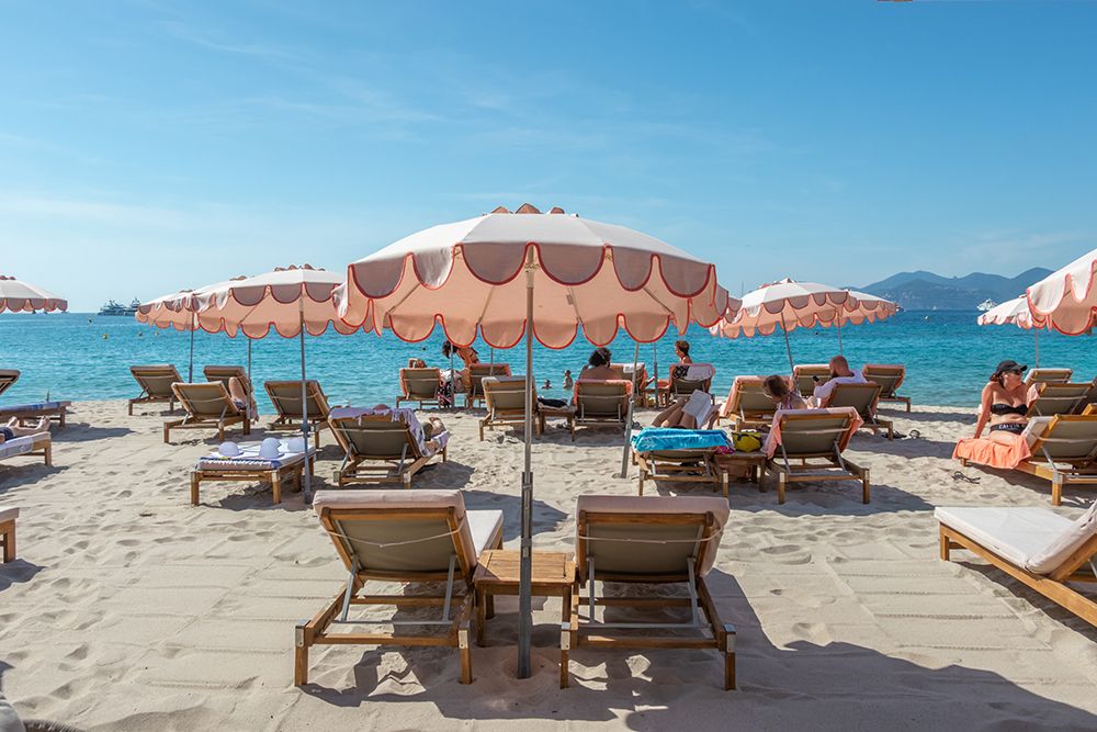 Nice French Riviera Beach Club Scalloped Umbrellas art print by Richard Silver for $57.95 CAD