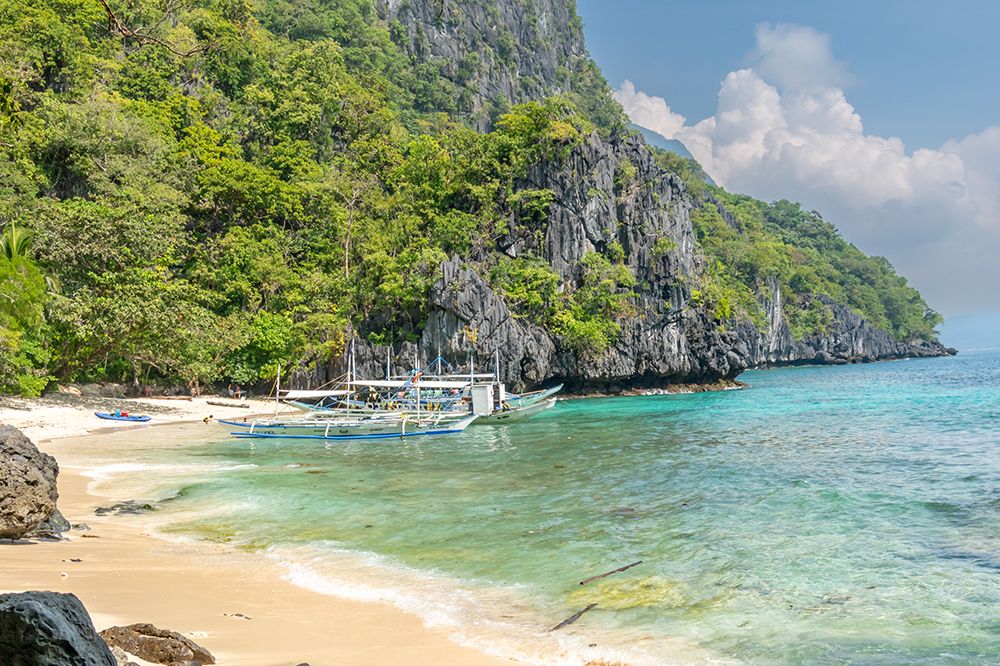 Boat Moored at Limestone Cove Beach, El Nido, Palawan, Philippines art print by Richard Silver for $57.95 CAD