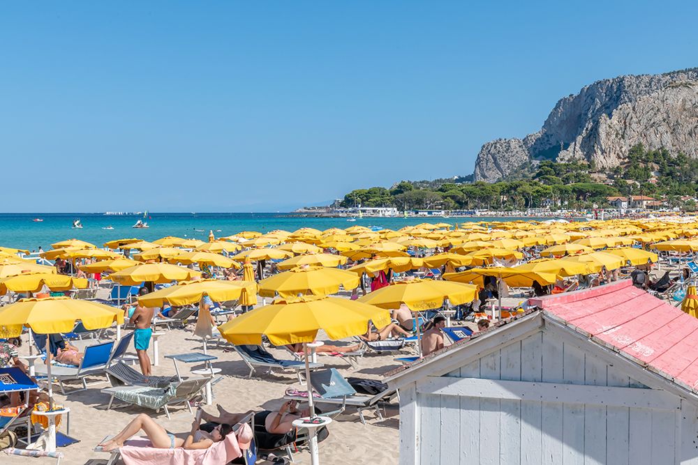 Mondello Beach with Yellow Umbrellas, Palermo, Sicily, Italy art print by Richard Silver for $57.95 CAD