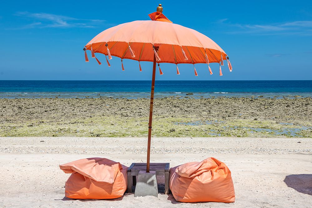 Orange Beach Umbrella and Bean Bags, Gili Islands, Indonesia art print by Richard Silver for $57.95 CAD