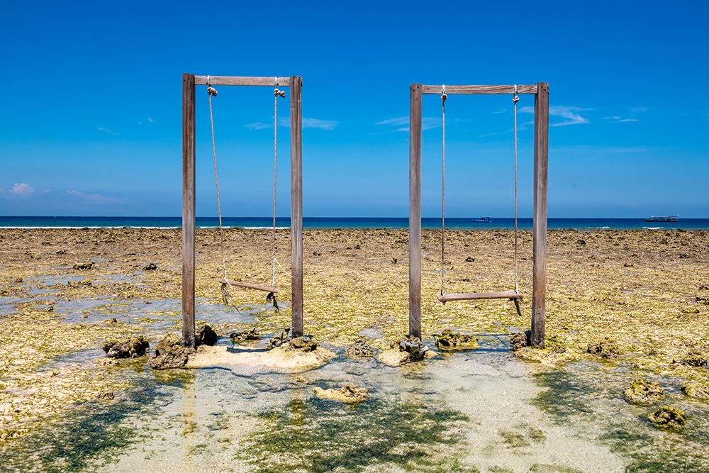 Wooden Swings on Exposed Coral Reef, Gili Islands, Indonesia art print by Richard Silver for $57.95 CAD