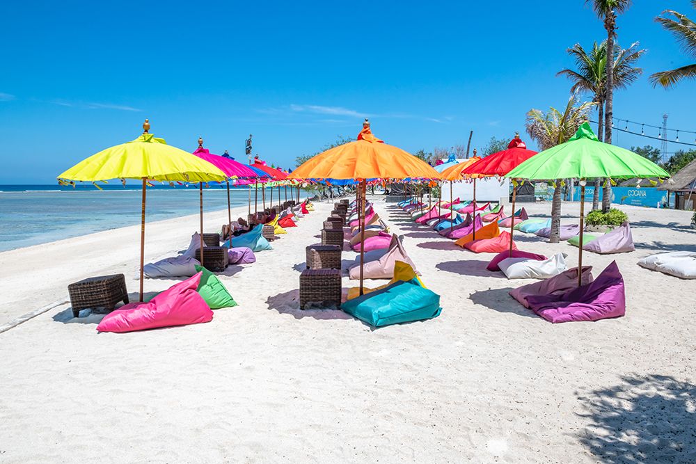 Colorful Beach Loungers and Umbrellas, Gili Islands, Indonesia art print by Richard Silver for $57.95 CAD