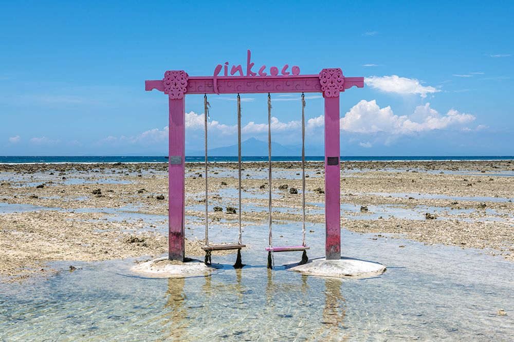 Pink Beach Swing in Shallow Water, Gili Islands, Indonesia art print by Richard Silver for $57.95 CAD