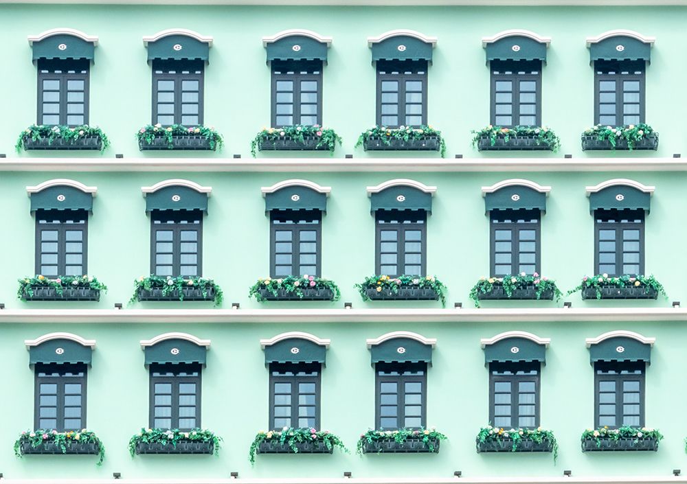Green Shuttered Windows with Flower Boxes on Facade art print by Richard Silver for $57.95 CAD
