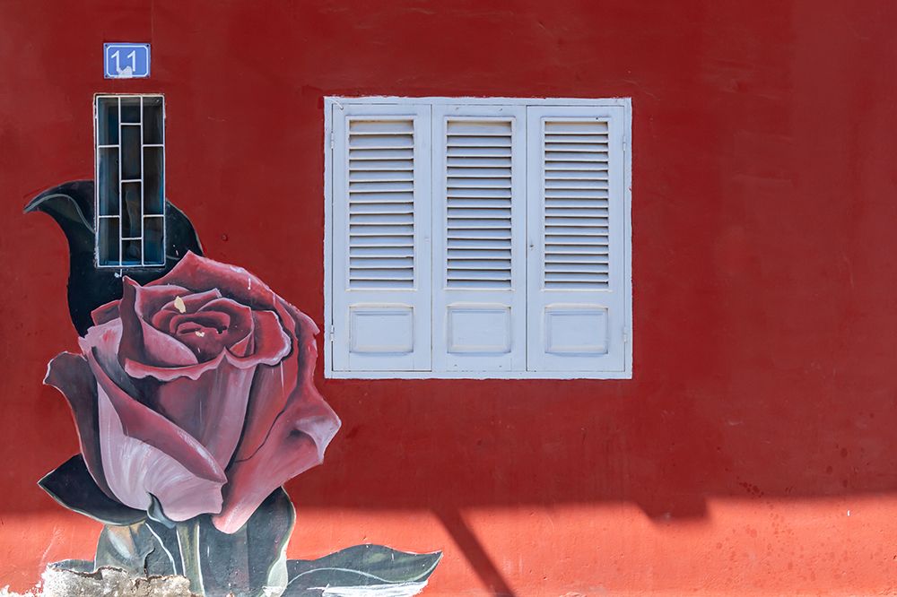 Red Wall with Rose Mural and Shuttered Window art print by Richard Silver for $57.95 CAD