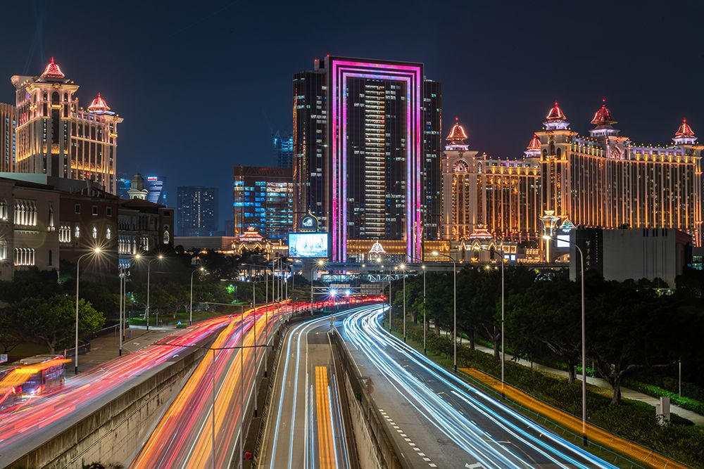 Macau Skyline with Light Trail Traffic at Night, Macau art print by Richard Silver for $57.95 CAD