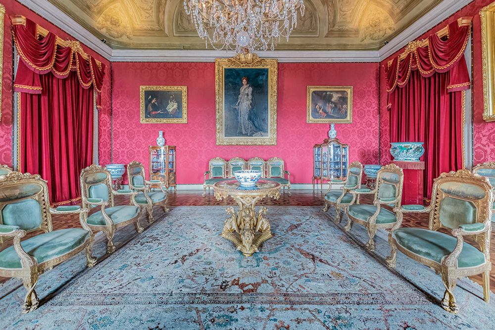 Red Damask Palace Salon with Gilded Chairs art print by Richard Silver for $57.95 CAD