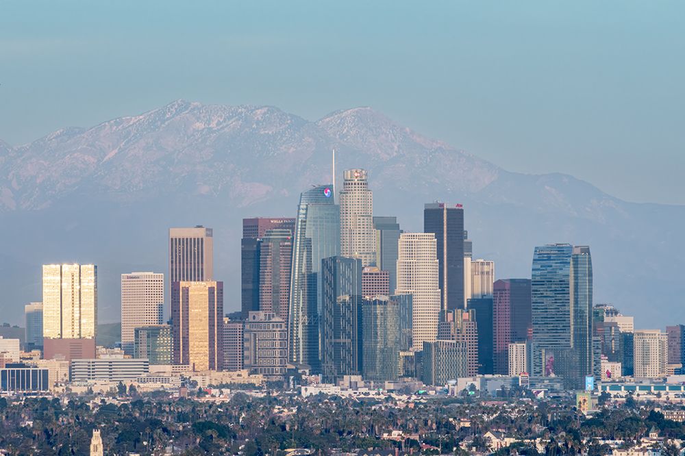 Downtown Los Angeles Skyline with Mountains, Los Angeles, California art print by Richard Silver for $57.95 CAD
