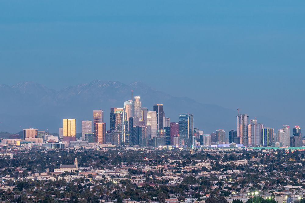 Los Angeles Skyline with Snow-Capped Mountains, Los Angeles, California art print by Richard Silver for $57.95 CAD