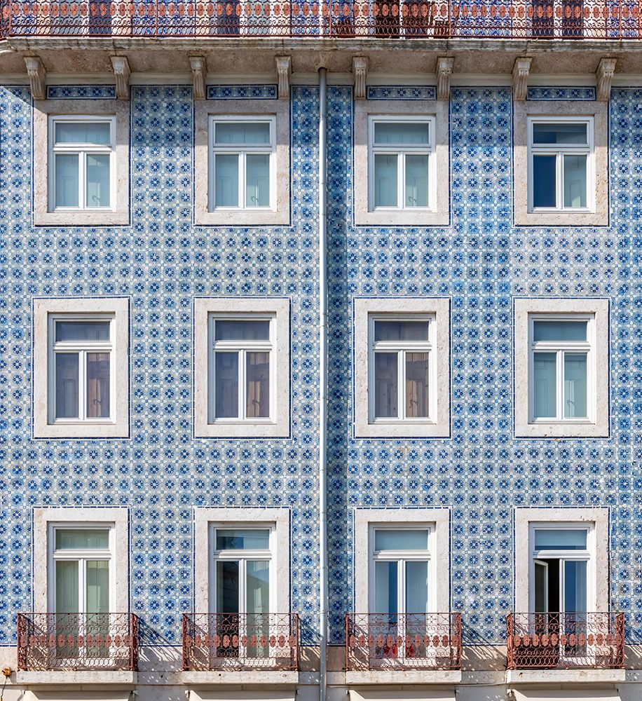 Blue Azulejo Tiled Facade with Balconies, Lisbon, Portugal art print by Richard Silver for $57.95 CAD