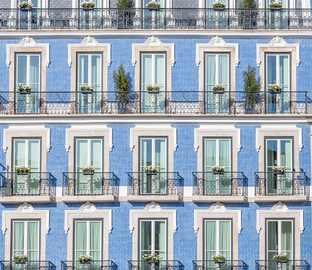Blue Tiled Facade with Flower Box Balconies, Lisbon, Portugal art print by Richard Silver for $57.95 CAD