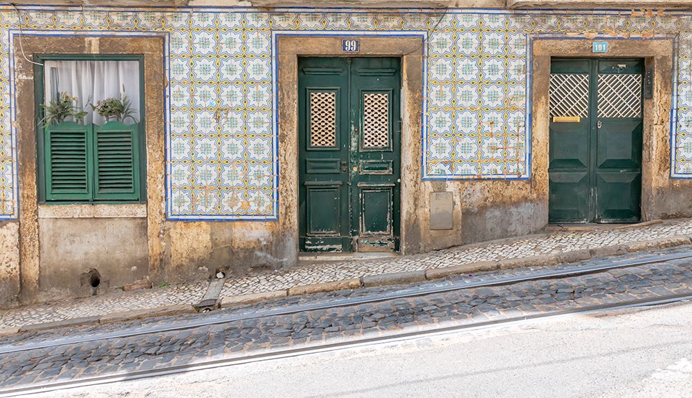 Tiled Street Facade with Green Doors, Lisbon, Portugal art print by Richard Silver for $57.95 CAD