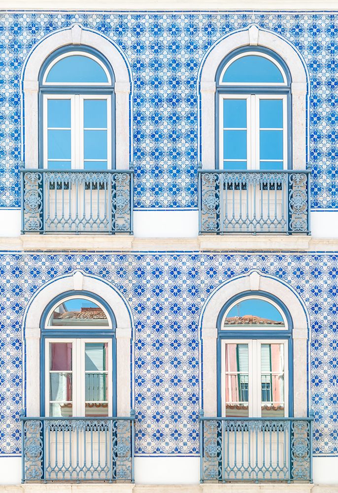 Blue Azulejo Facade with Arched Balcony Windows, Lisbon, Portugal art print by Richard Silver for $57.95 CAD