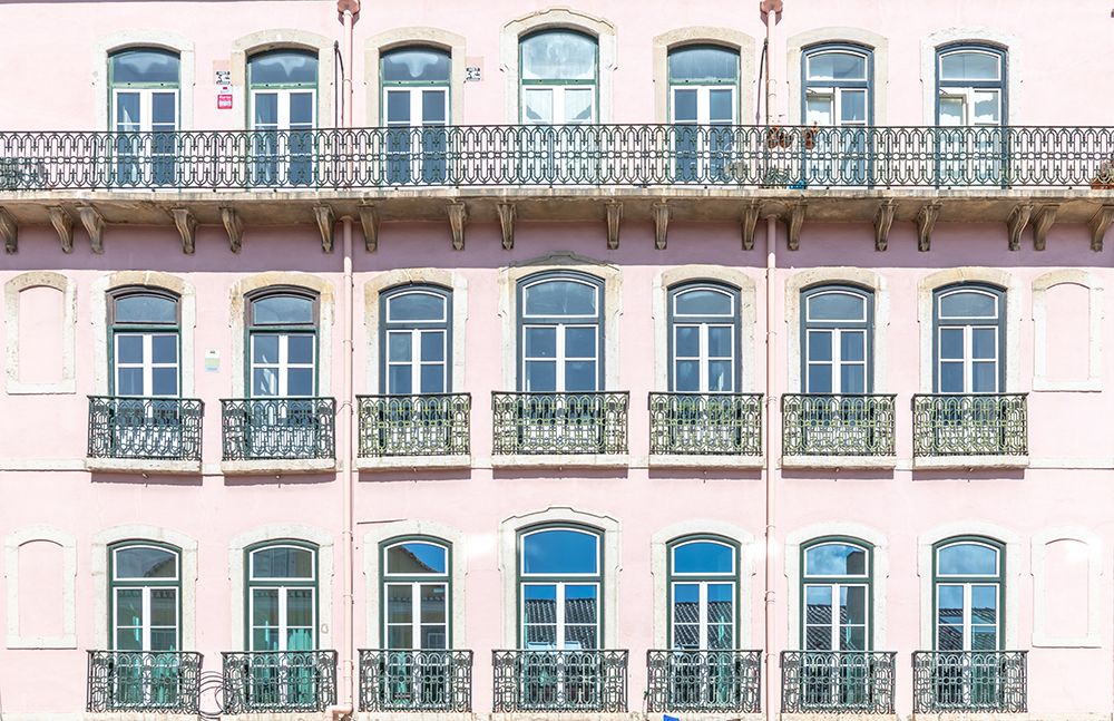 Pink Facade with Arched Windows and Balconies, Lisbon, Portugal art print by Richard Silver for $57.95 CAD