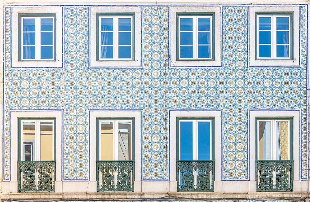 Blue and Yellow Tiled Facade with Balconies, Lisbon, Portugal art print by Richard Silver for $57.95 CAD