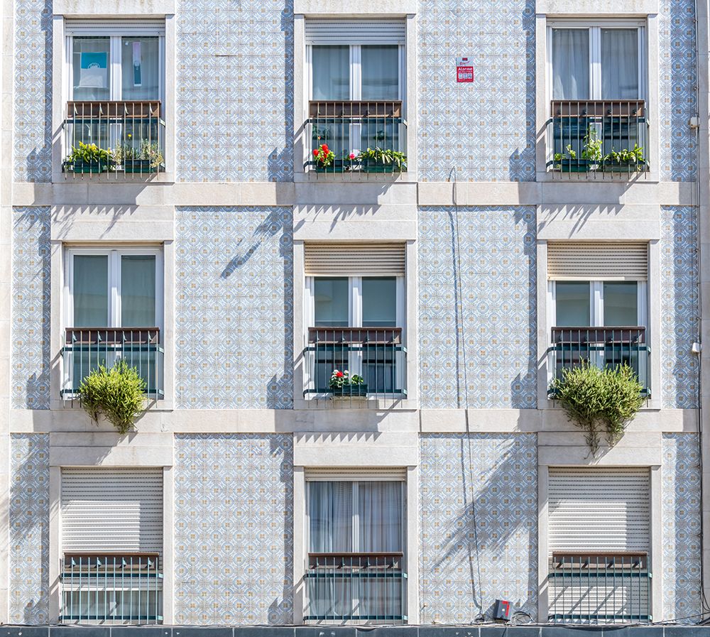 Grey Tiled Facade with Flower Box Balconies, Lisbon, Portugal art print by Richard Silver for $57.95 CAD