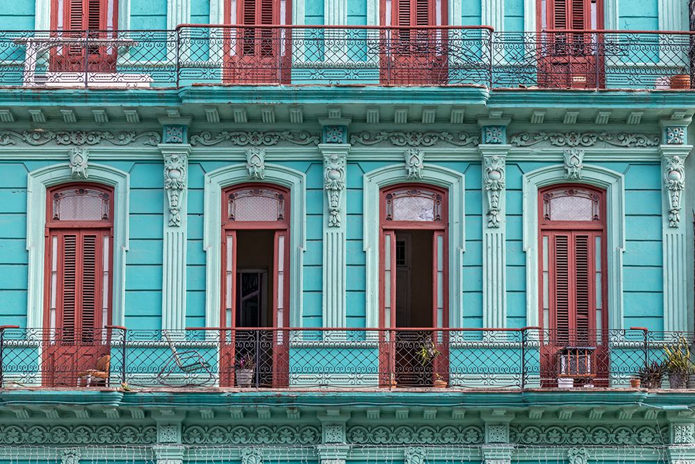 Teal Colonial Facade with Red Doors, Havana, Cuba art print by Richard Silver for $57.95 CAD