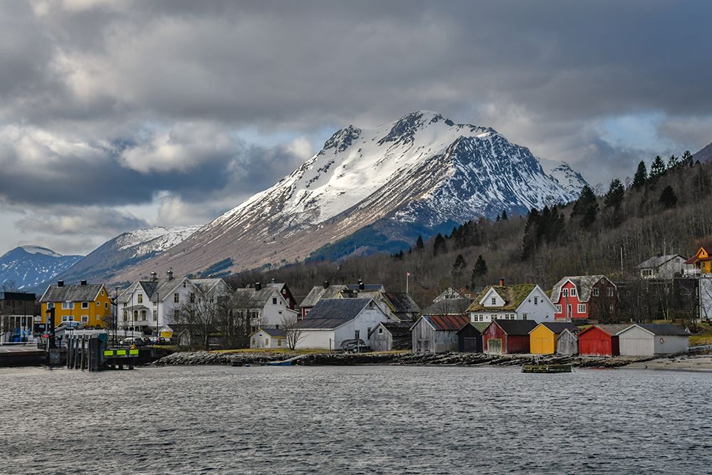 Fjord Village with Snow-Capped Mountain, Norway art print by Richard Silver for $57.95 CAD