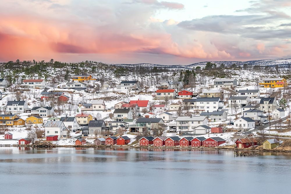 Snow-Covered Fjord Town at Dusk, Norway art print by Richard Silver for $57.95 CAD