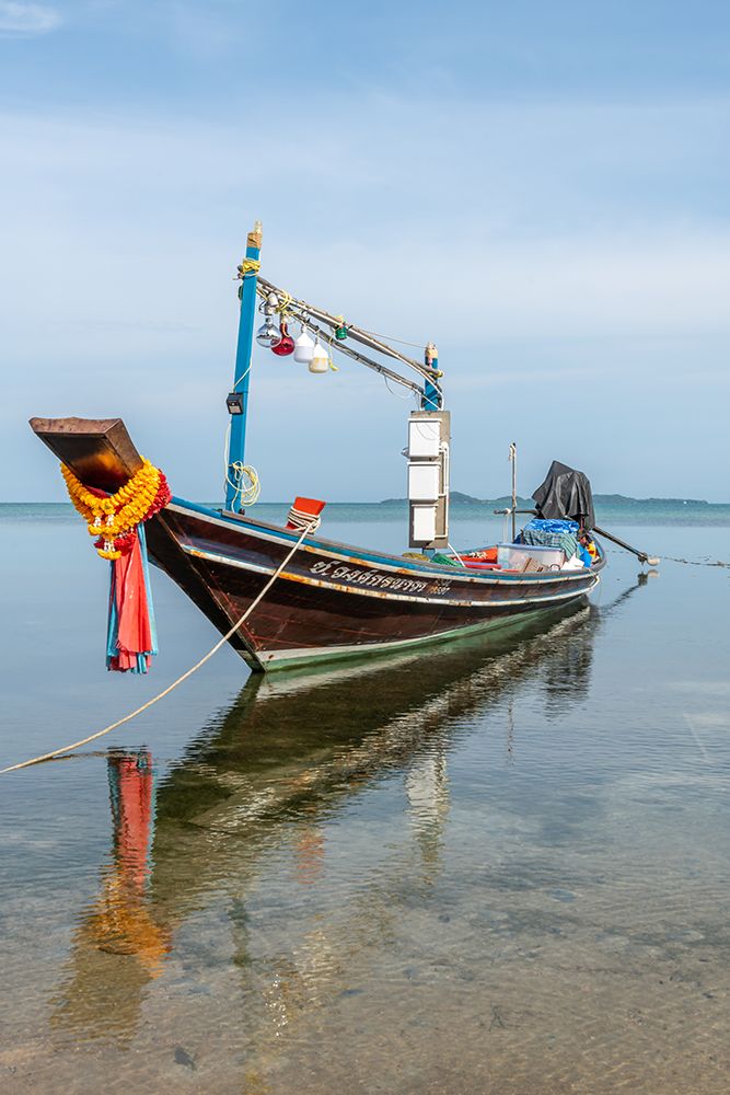 Longtail Boat Moored on Shore, Thailand art print by Richard Silver for $57.95 CAD