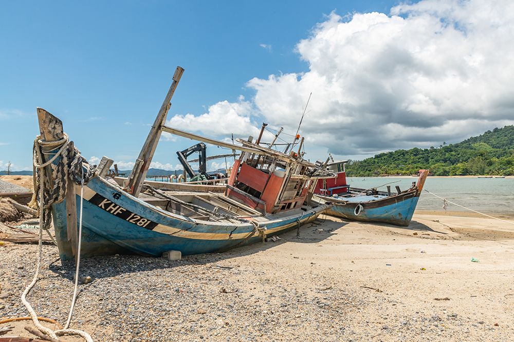 Weathered Fishing Boats on Beach, Malaysia art print by Richard Silver for $57.95 CAD