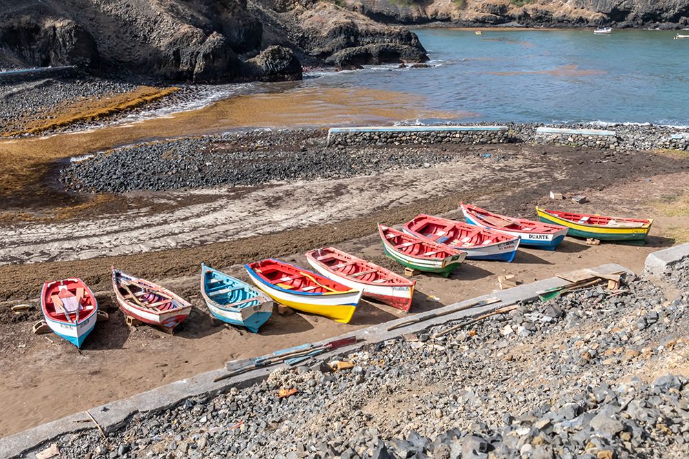 Colorful Fishing Boats on Volcanic Beach, Cape Verde art print by Richard Silver for $57.95 CAD