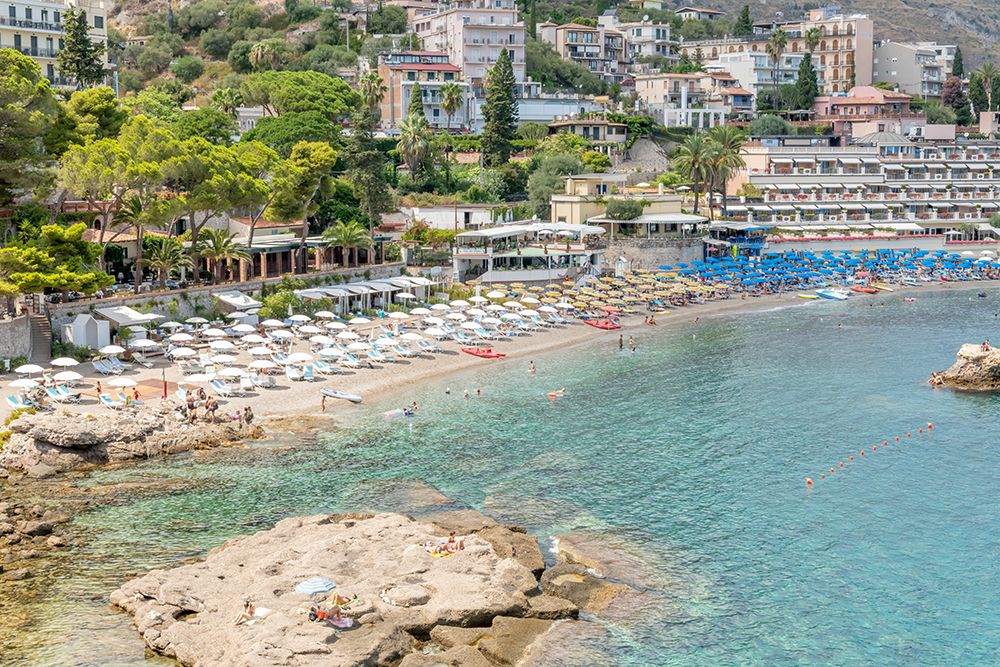 Beach Club Along Rocky Coastline, Taormina, Sicily, Italy art print by Richard Silver for $57.95 CAD