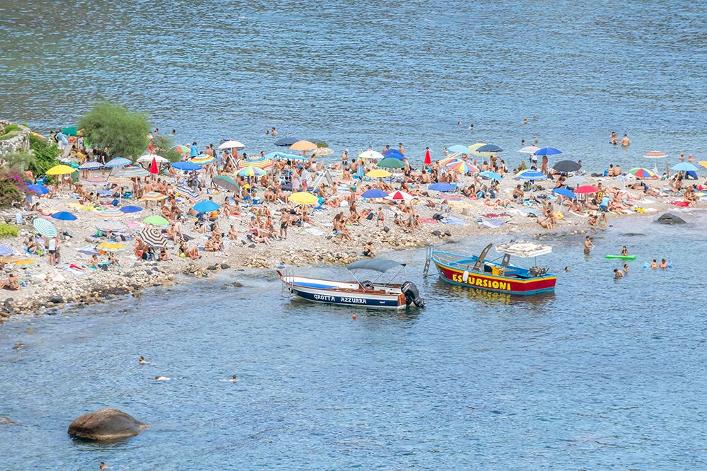 Crowded Beach with Boats, Taormina, Sicily, Italy art print by Richard Silver for $57.95 CAD