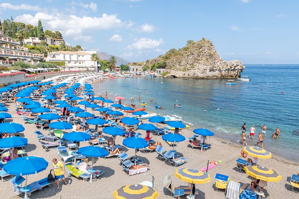 Isola Bella Beach with Umbrellas, Taormina, Sicily, Italy art print by Richard Silver for $57.95 CAD