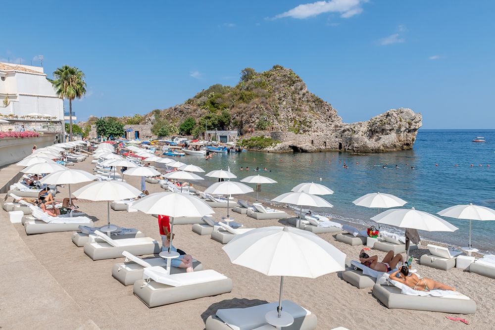 Isola Bella Beach Loungers, Taormina, Sicily, Italy art print by Richard Silver for $57.95 CAD